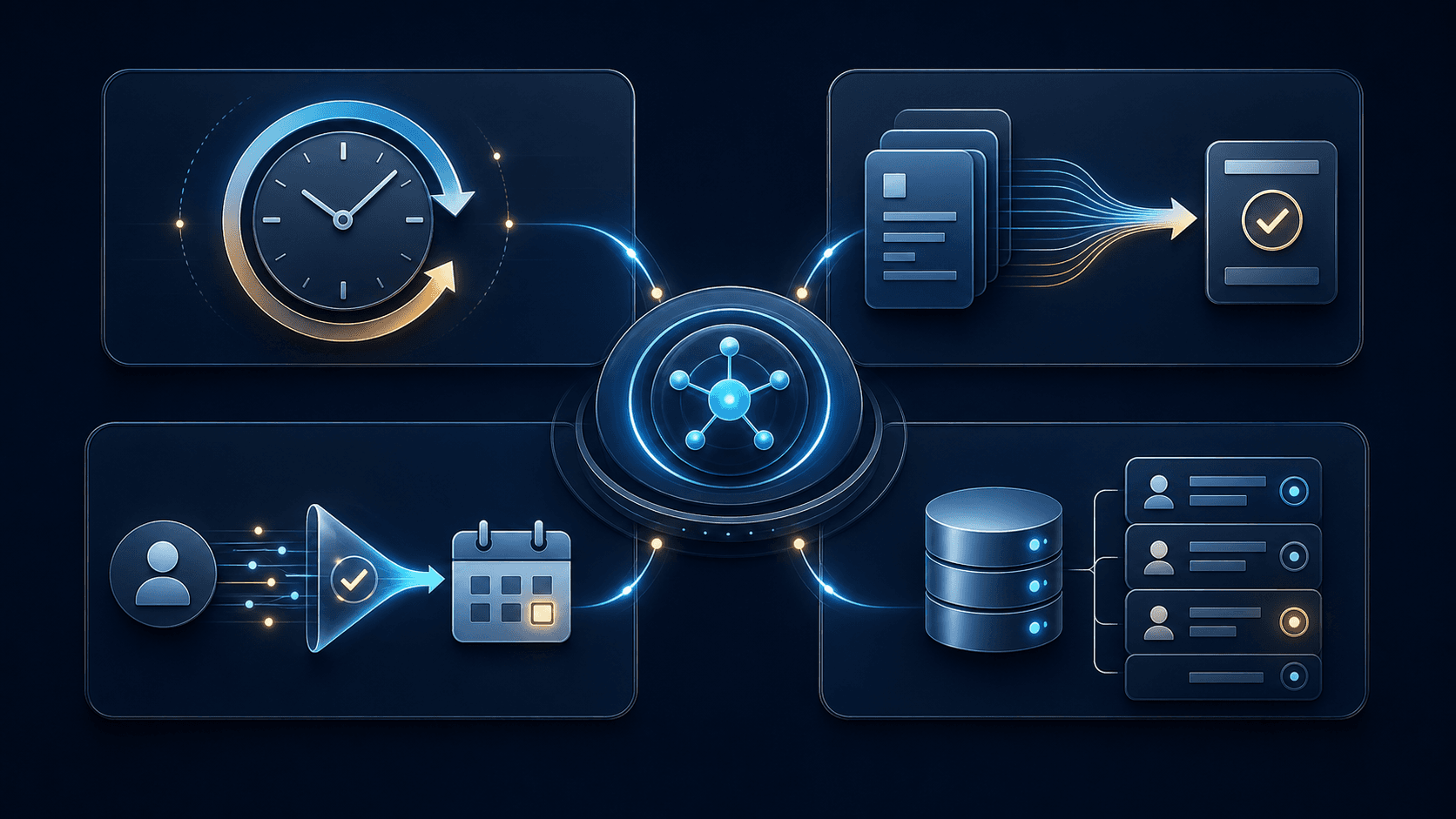 Four business workflows coordinated by an AI agent: continuous operations, streamlined workload, lead routing, and accurate CRM records
