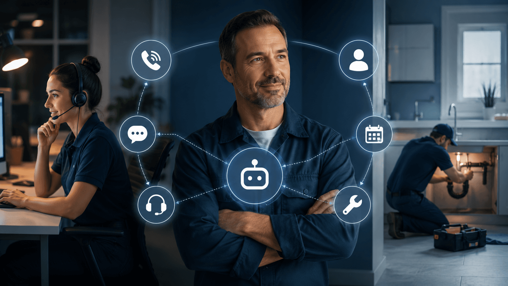 Diagram showing an after-hours plumbing call workflow where AI answers routine questions, identifies emergencies, logs customer details in a CRM, and transfers urgent calls to an on-call plumber.