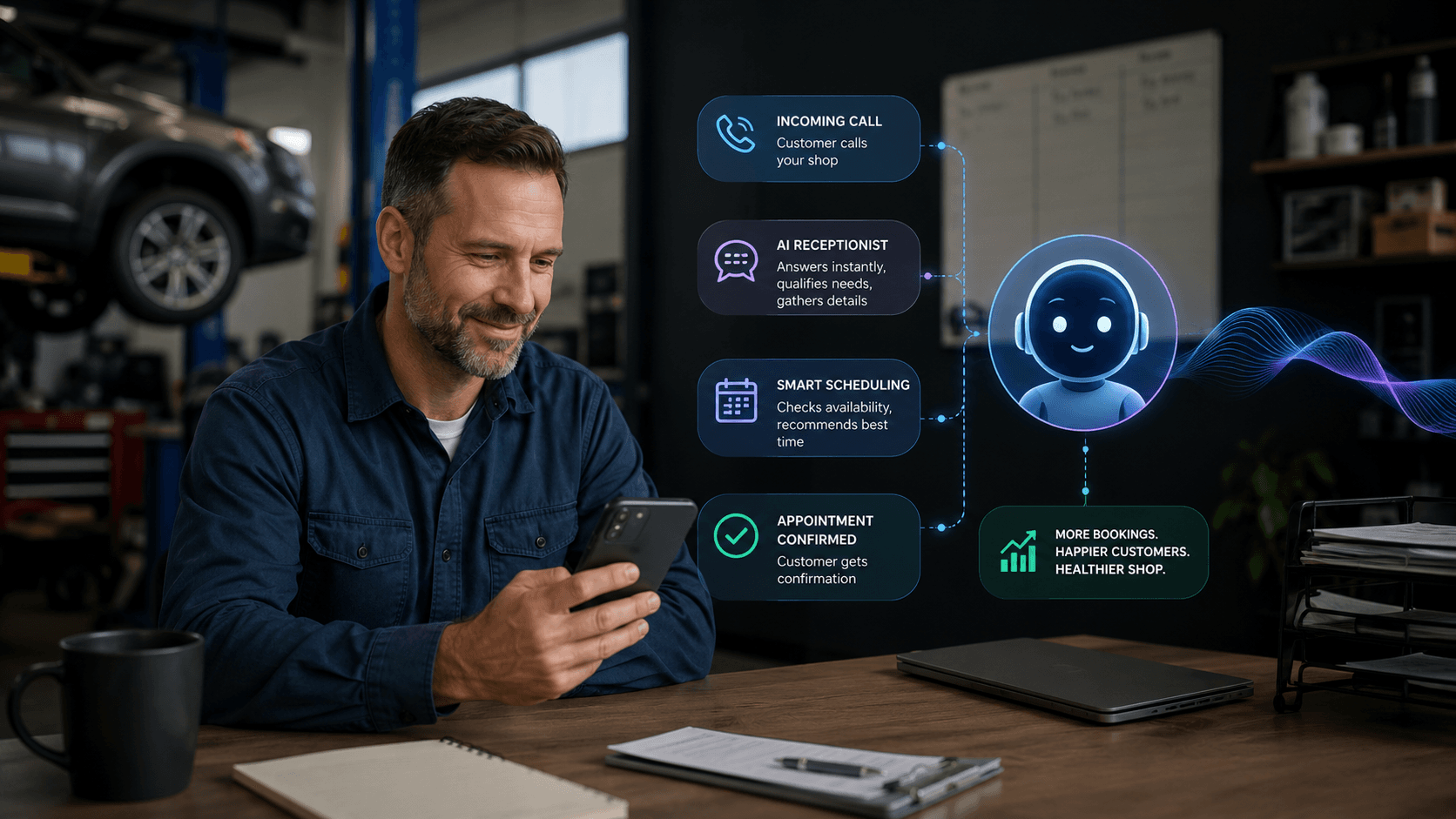 Auto repair shop owner reviews an AI receptionist workflow that answers incoming calls and routes customers to appointment booking.