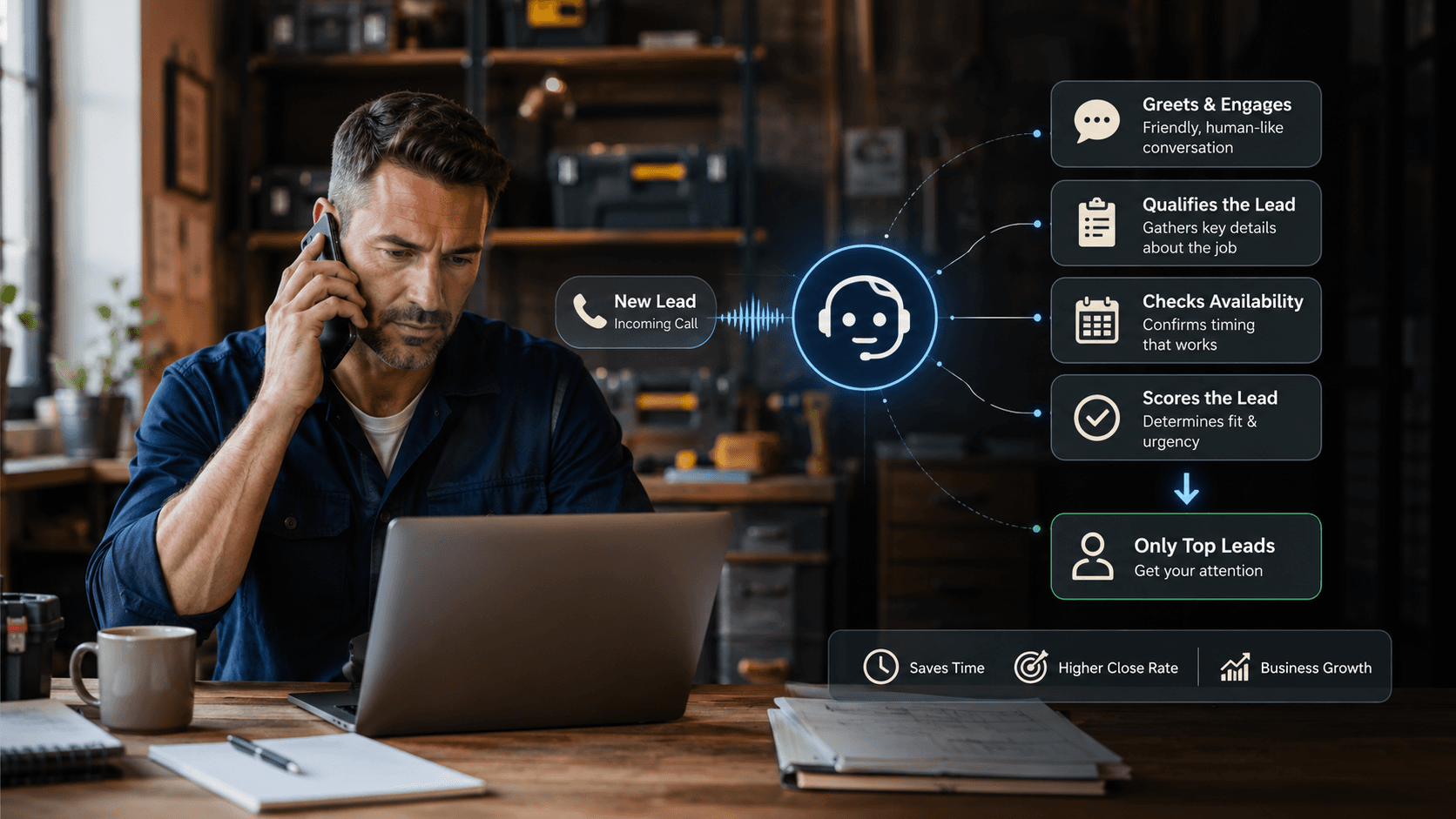 Home-services owner uses an AI voice employee to greet callers, qualify job details, check availability, and route high-intent leads.