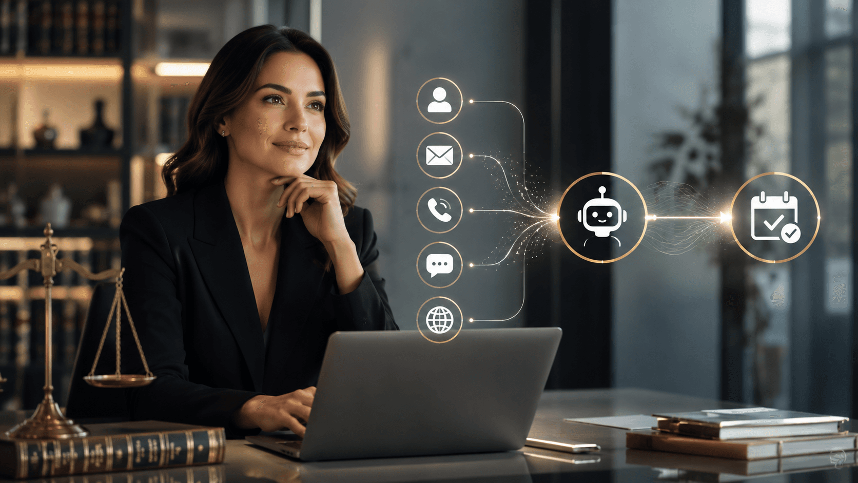 AI appointment booking workflow for a law firm showing lead intake, qualification, calendar scheduling, CRM follow-up, and human handoff.