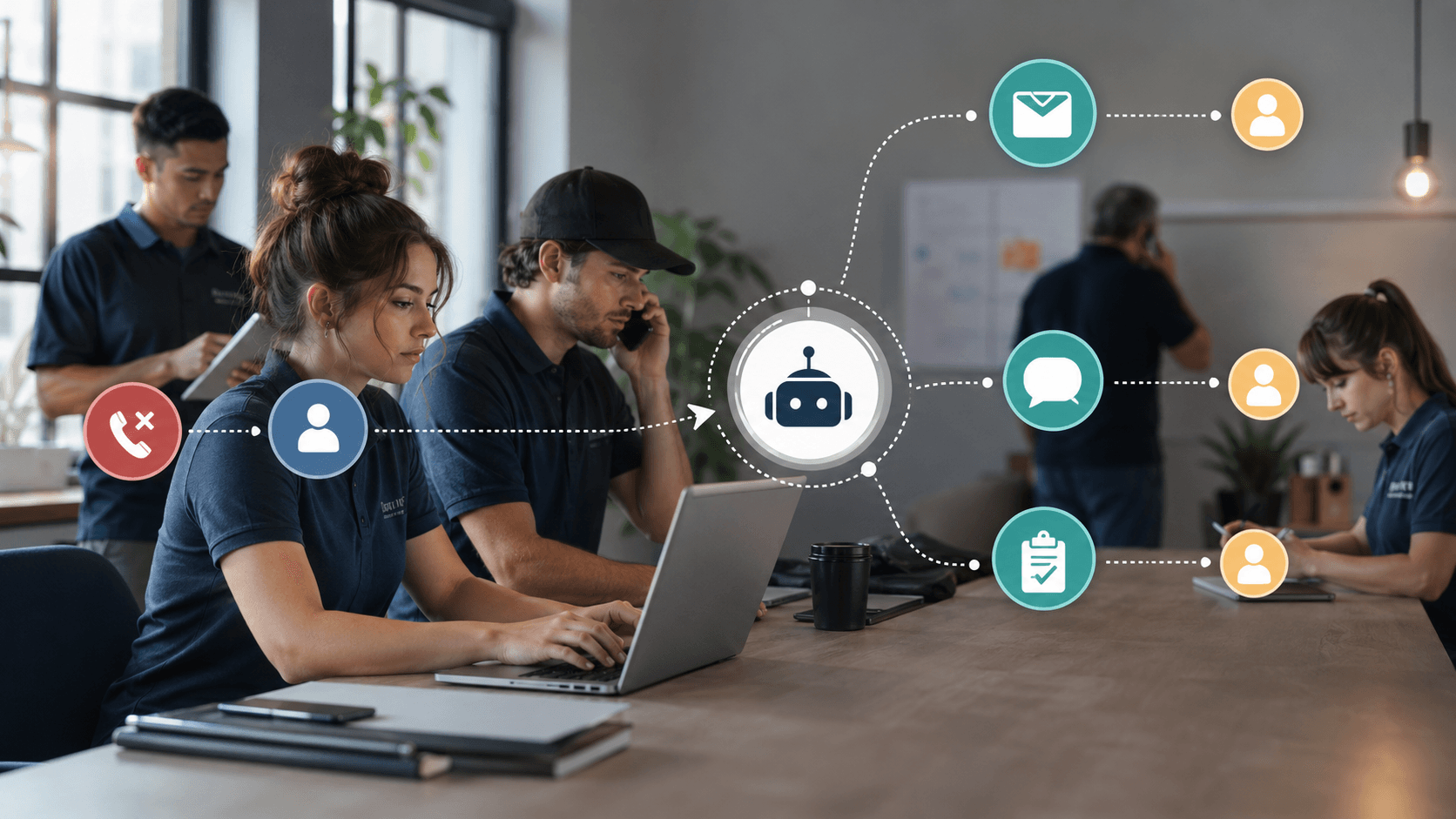 Busy service team uses CRM automation to route a missed call into customer follow-up across email, messaging, and assigned tasks.