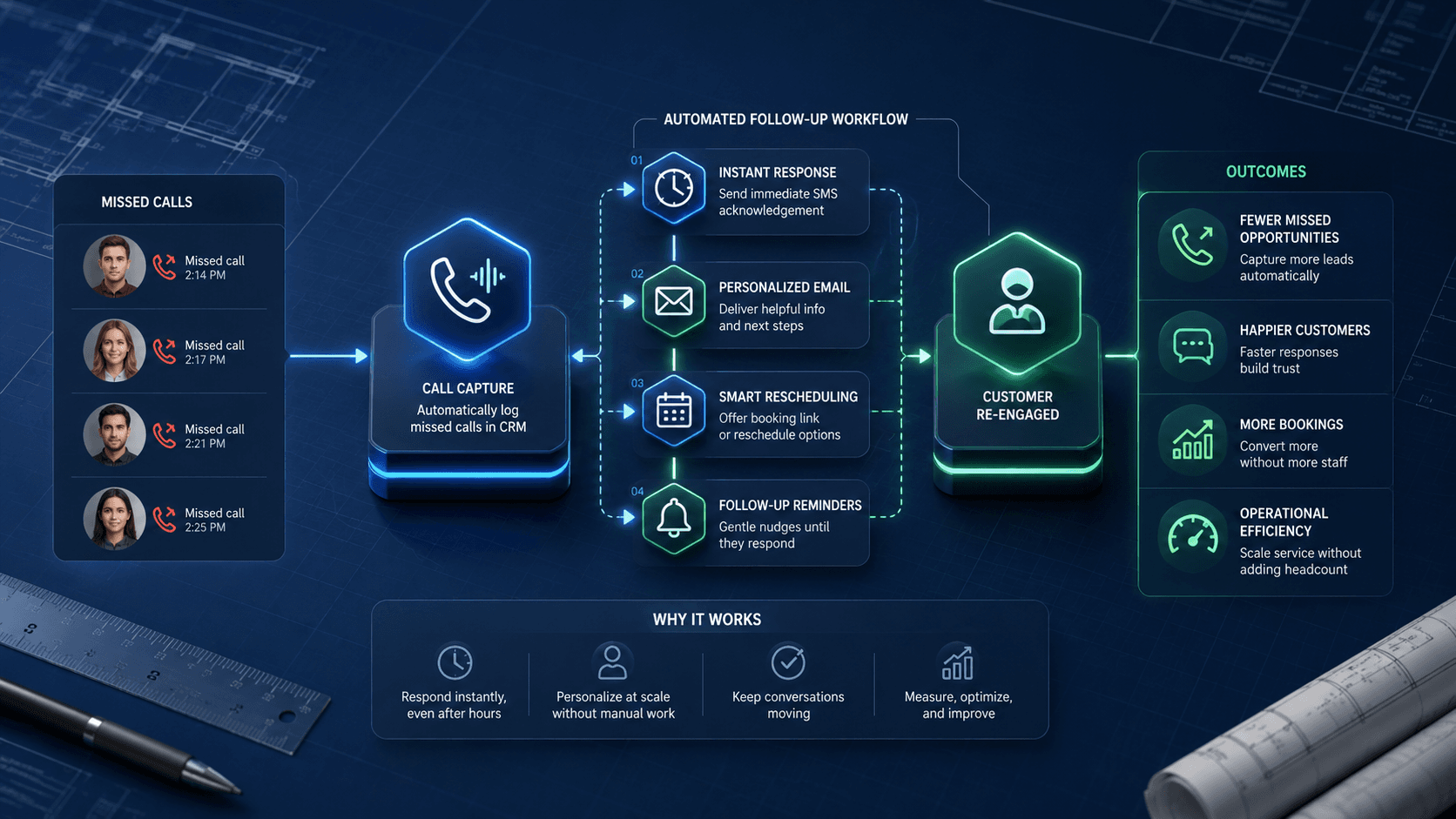 CRM follow-up blueprint showing missed-call capture, automated response, human re-engagement, and operational outcomes for a service team.