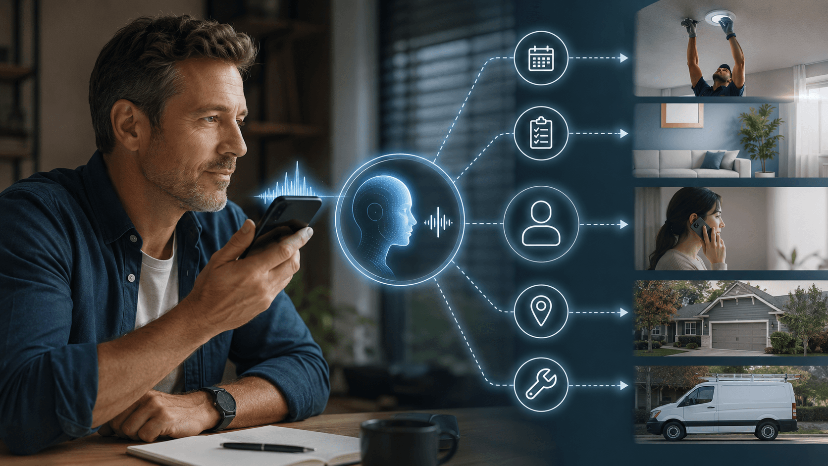 Home-services owner uses a voice workflow that connects an incoming call to qualification, scheduling, customer details, location, and job routing.