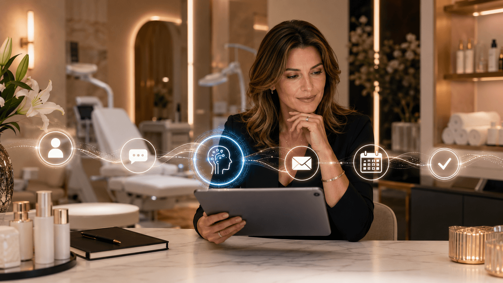 Salon and med-spa owner reviews a custom AI workflow that routes incoming calls and messages toward qualification and booking.