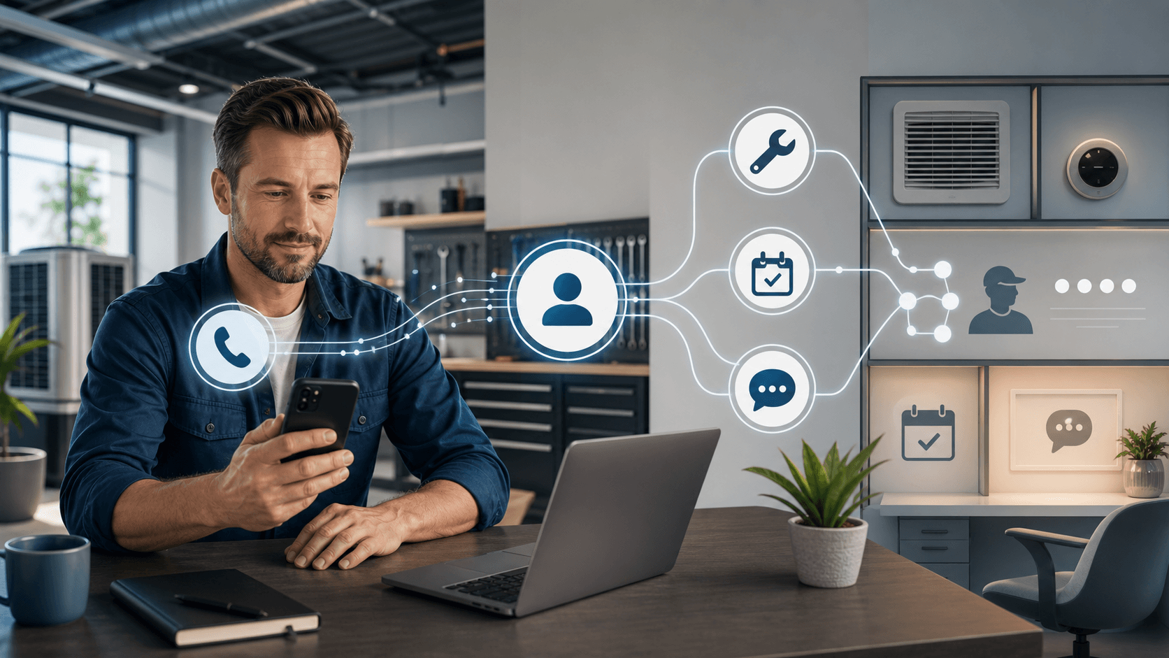 HVAC customer call routed through AI voice assistant into CRM with automated follow-up workflow.