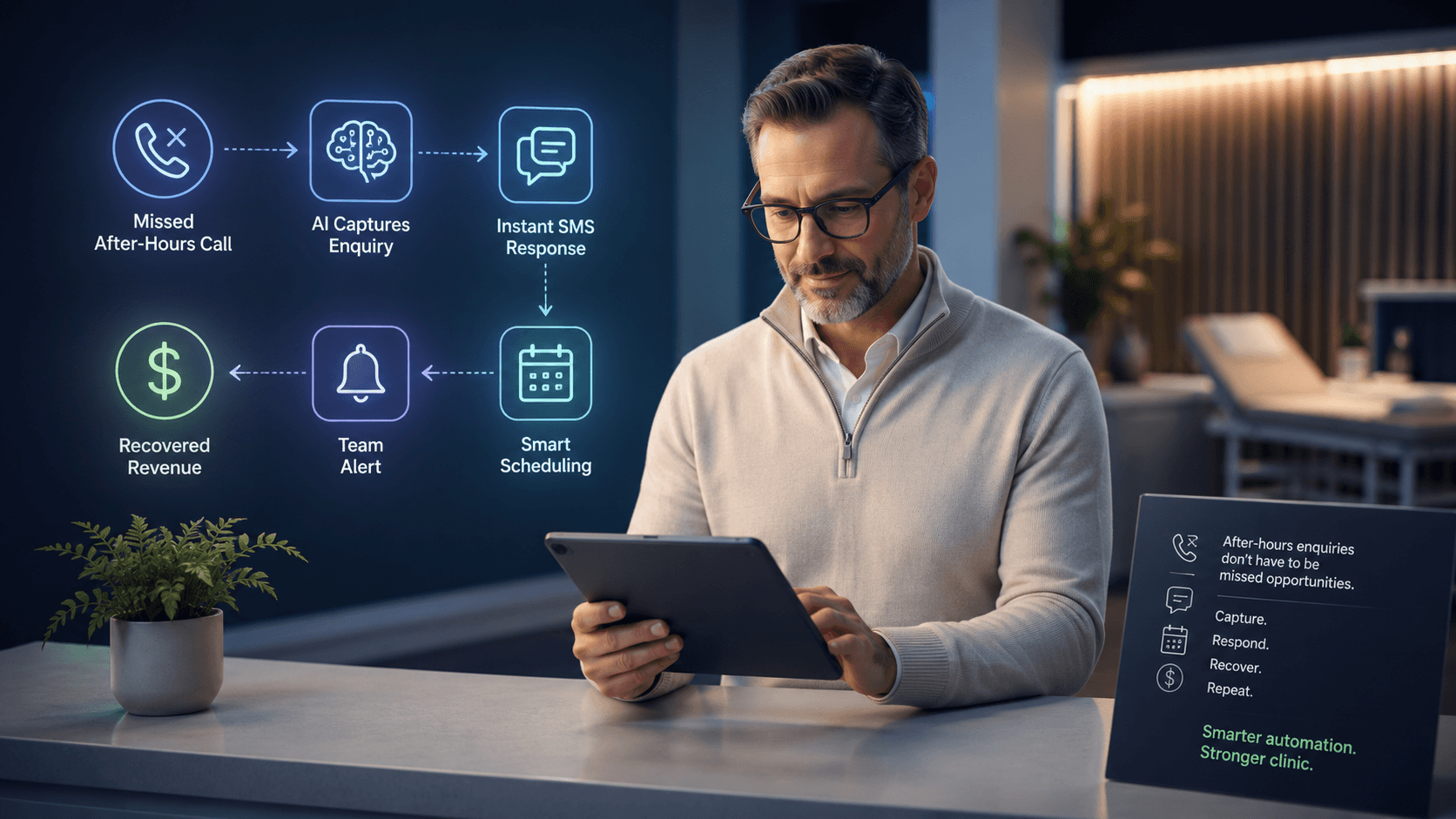 Clinic operator reviews a missed-call recovery workflow connecting after-hours calls, SMS follow-up, scheduling, and team alerts.