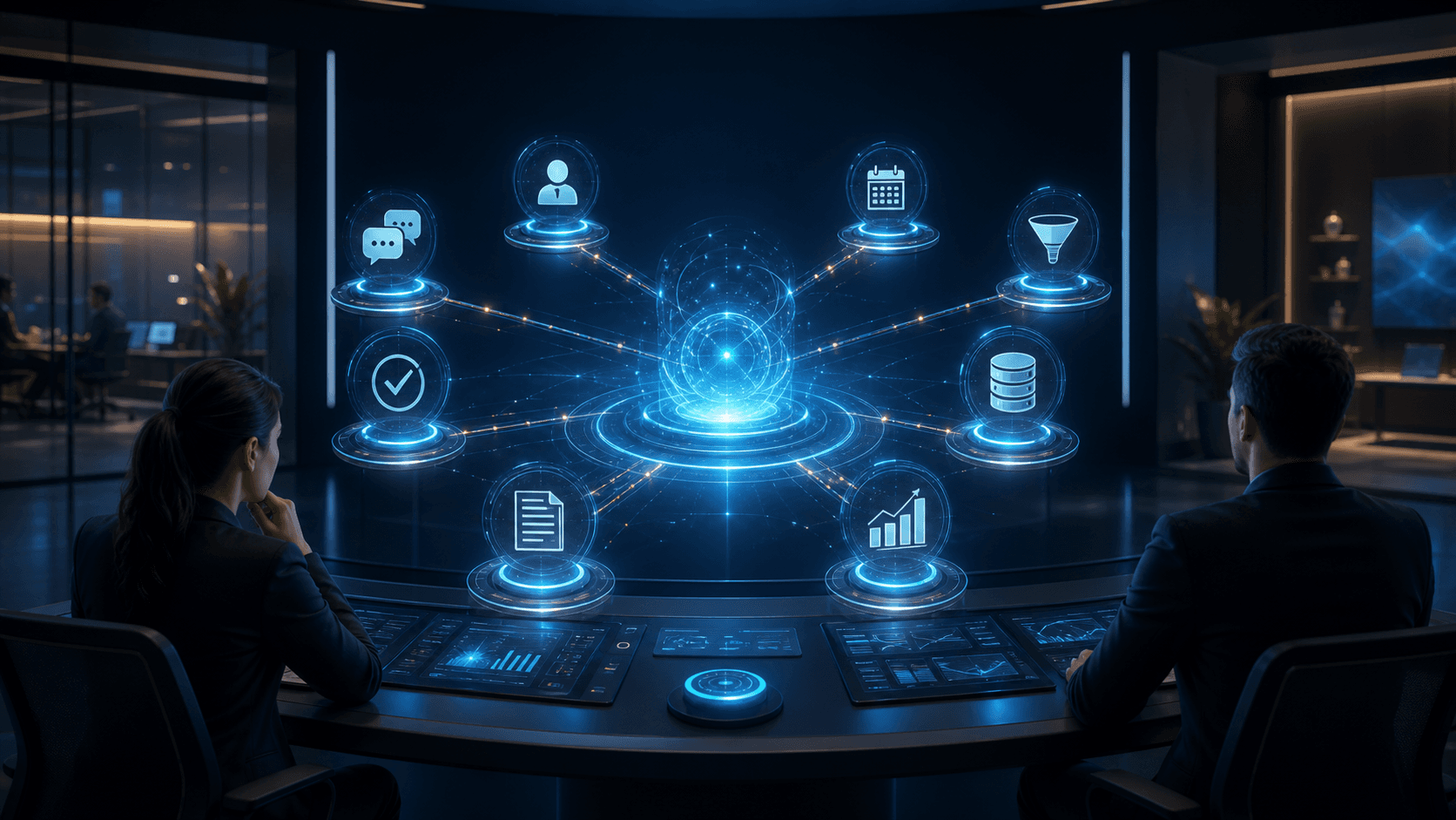 Business team supervising AI agents that coordinate support, leads, scheduling, and data workflows
